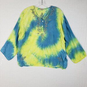 Baba Clothing LA Silk Tunic Top Embroidered Sequins Tie Dye Colorful Resort O/S